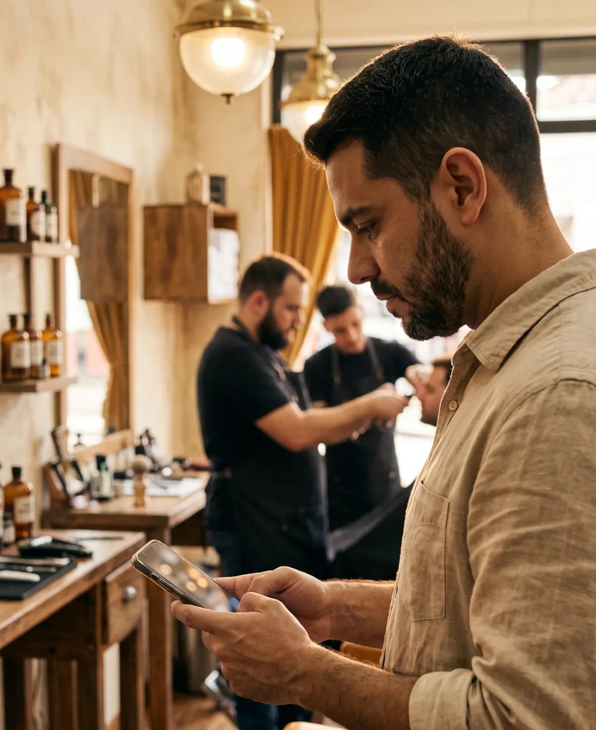Dono de barbearia consultando o celular no balcão enquanto dois barbeiros atendem ao fundo.